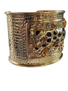 Lilly Pulitzer Gold Tone Cheetah Cuff Bracelet Rhinestone Statement